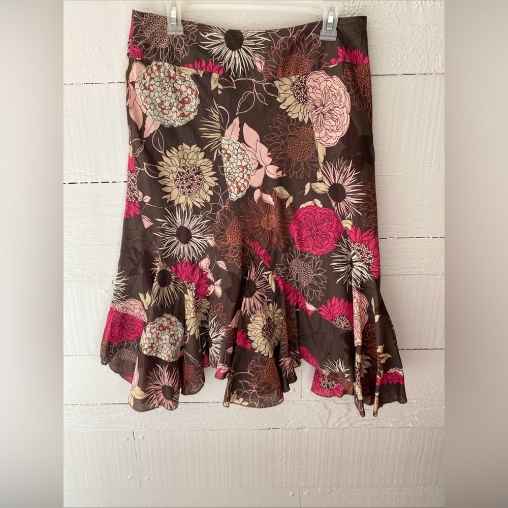 A.N.A Women's A-Line Brown Multicolored Floral Skirt Size 10 Boho Whimsical
